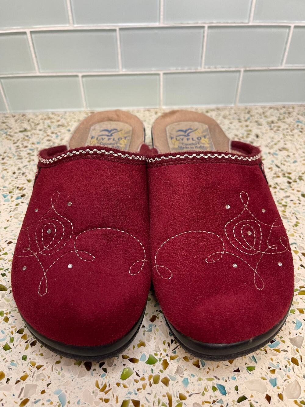Burgundy Suede Embroidered Slip On Clog Mules Size 36 Fly Flot Italy